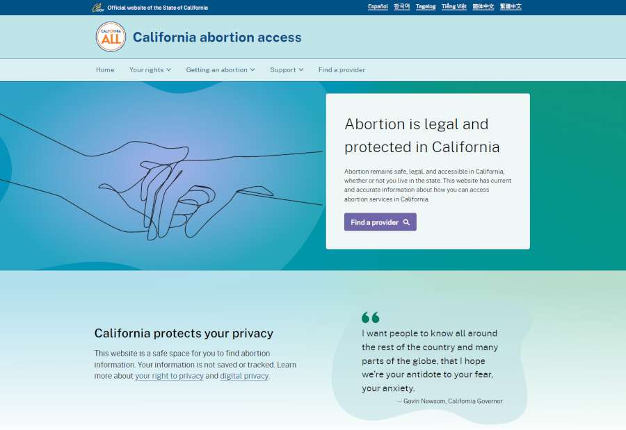 Homepage screenshot of California's Abortion Access Portal website.