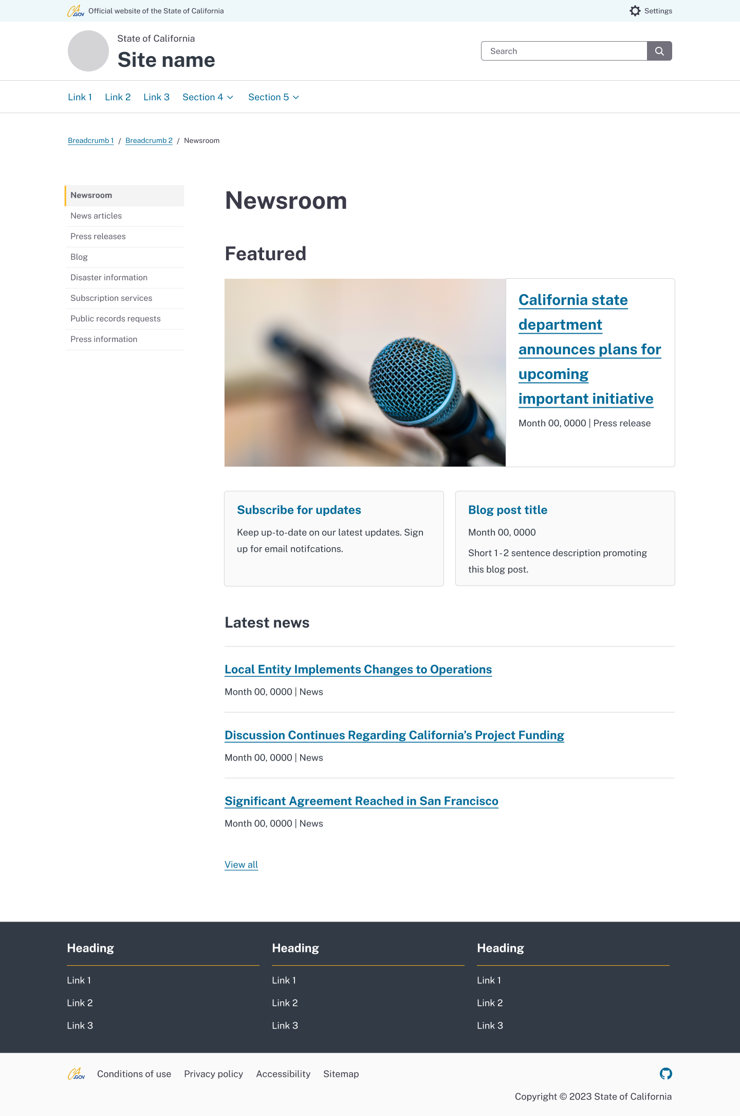 Newsroom page with with feature banner example